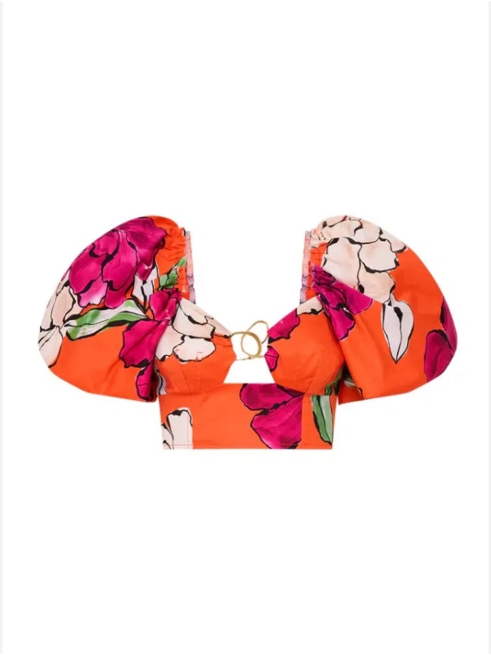 Aje Orange Floral Puff-Sleeve Crop Top with Gold Ring